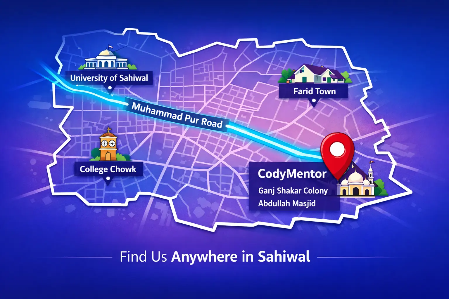 Map of Sahiwal city showing major roads and landmarks including University of Sahiwal, Farid Town, College Chowk, and Ganj Shakar Colony - Complete location guide to CodyMentor