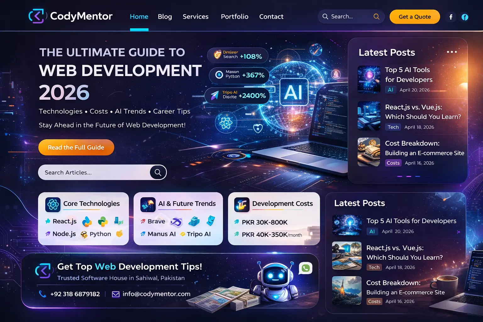 Web Development 2026 complete guide with technology icons including React.js, Node.js, Python, Docker, MongoDB, and trending topics Brave Search (+1088%), Manus AI (+367%), Tripo AI (+2400%), containerization (+270%), APILayer (+650%), and Portmaster (+27